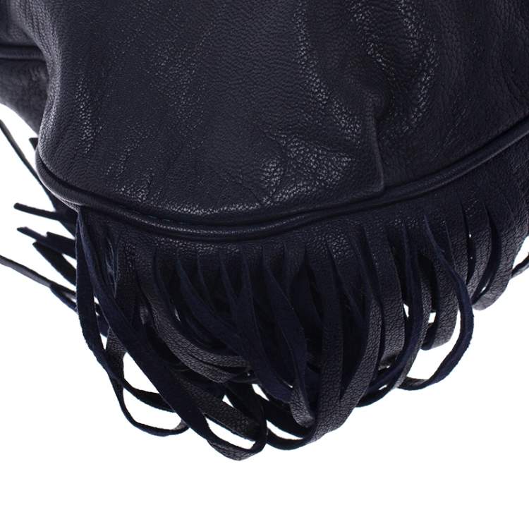 Pre Owned Moschino Navy Blue Leather Studded Fringe Hobo 