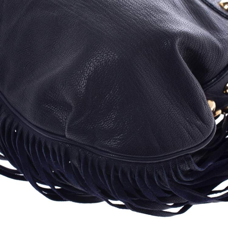 Pre Owned Moschino Navy Blue Leather Studded Fringe Hobo 