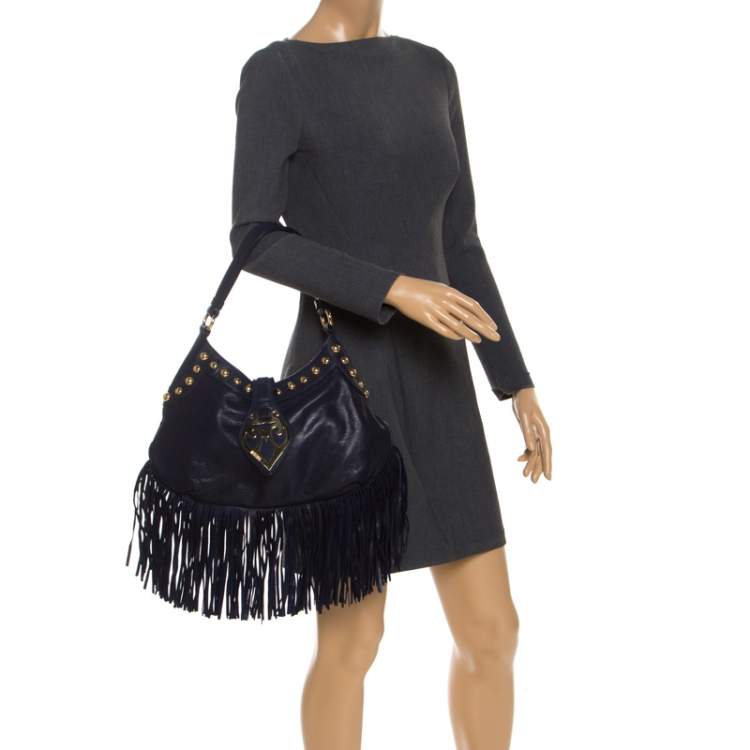 Pre Owned Moschino Navy Blue Leather Studded Fringe Hobo 