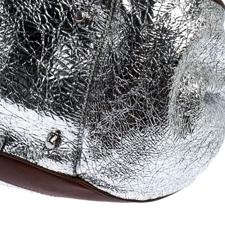 Pre Owned Moschino Metallic Silver Foil Leather Flap Satchel