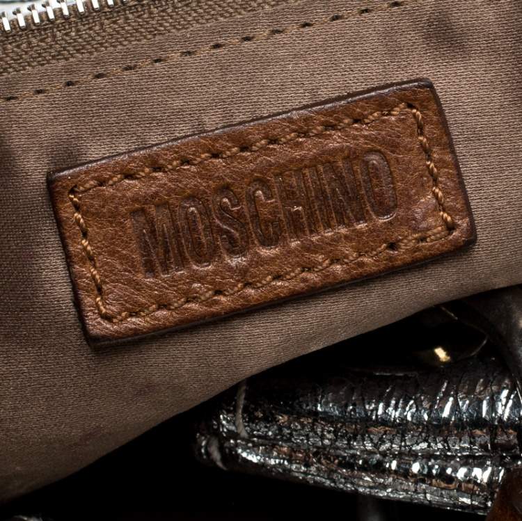 Pre Owned Moschino Metallic Silver Foil Leather Flap Satchel