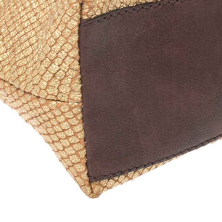 Pre Owned Moschino Gold/Brown Quilted and Snakeskin Embossed Leather Bow Flap Shoulder Bag