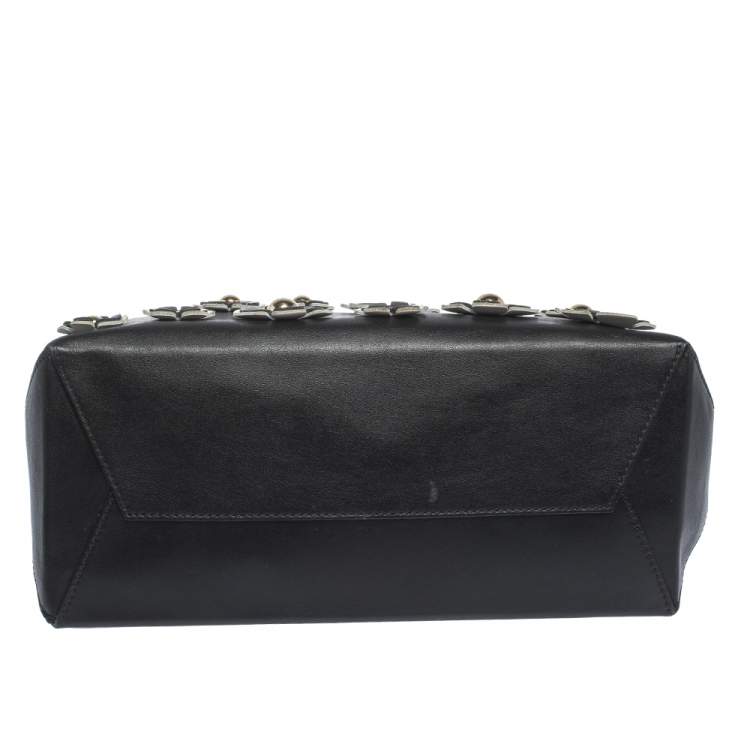 Pre Owned Moschino Black Floral Applique Leather Tote