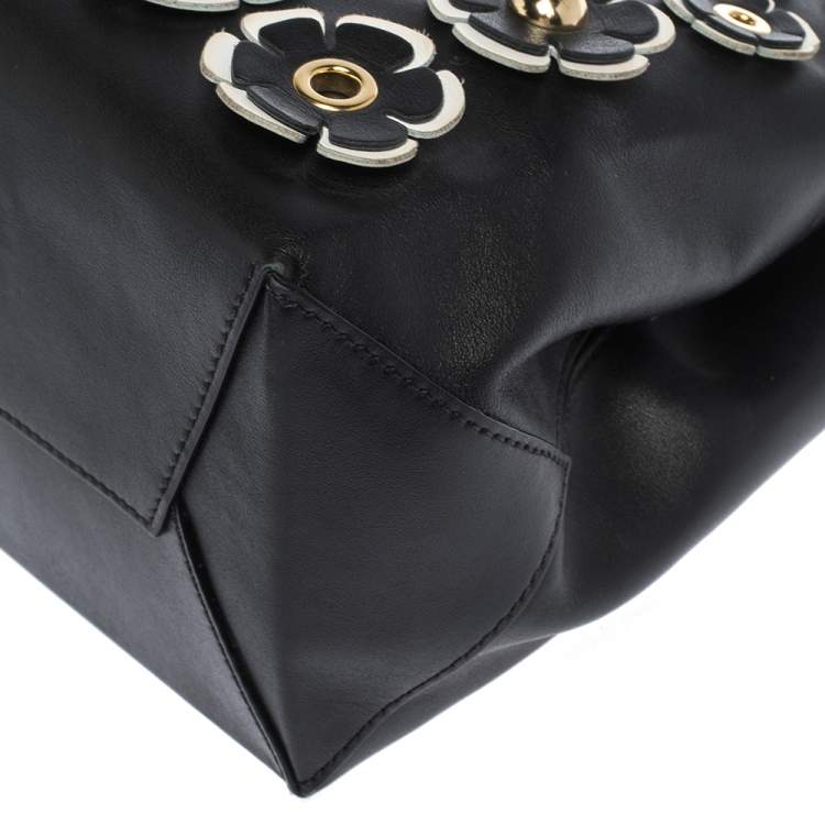 Pre Owned Moschino Black Floral Applique Leather Tote