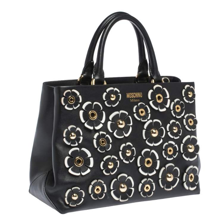 Pre Owned Moschino Black Floral Applique Leather Tote