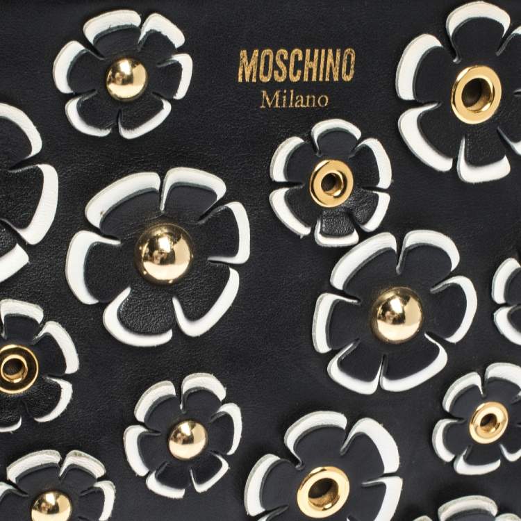 Pre Owned Moschino Black Floral Applique Leather Tote