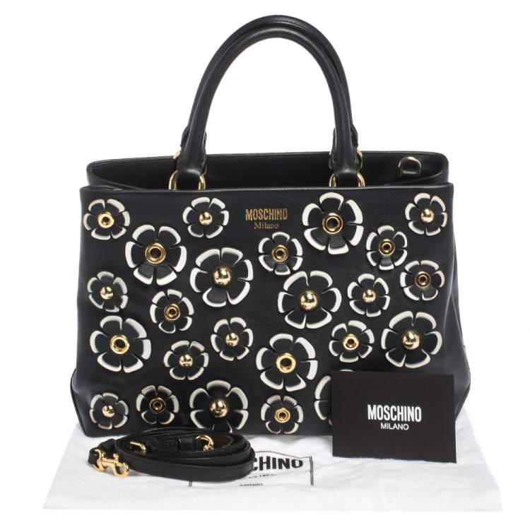Pre Owned Moschino Black Floral Applique Leather Tote