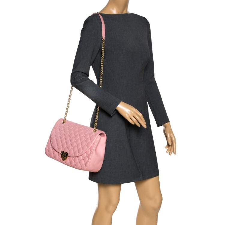 Pre Owned Moschino Pink Quilted Leather Heart Clasp Shoulder Bag