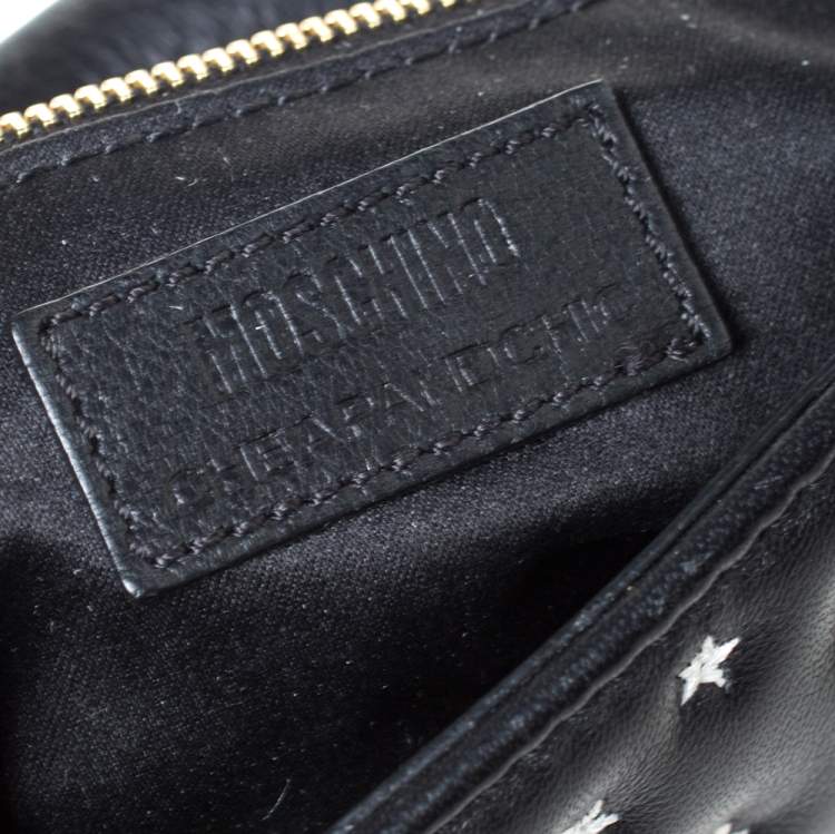 Pre Owned Moschino Black Star Embroidered Leather Flap Heart Lock Chain Bag