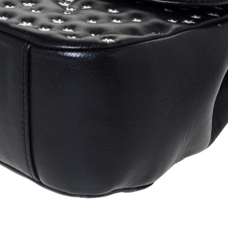 Pre Owned Moschino Black Star Embroidered Leather Flap Heart Lock Chain Bag