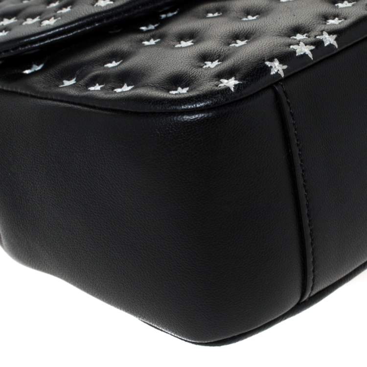 Pre Owned Moschino Black Star Embroidered Leather Flap Heart Lock Chain Bag