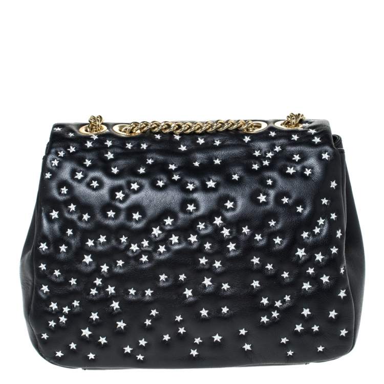 Pre Owned Moschino Black Star Embroidered Leather Flap Heart Lock Chain Bag