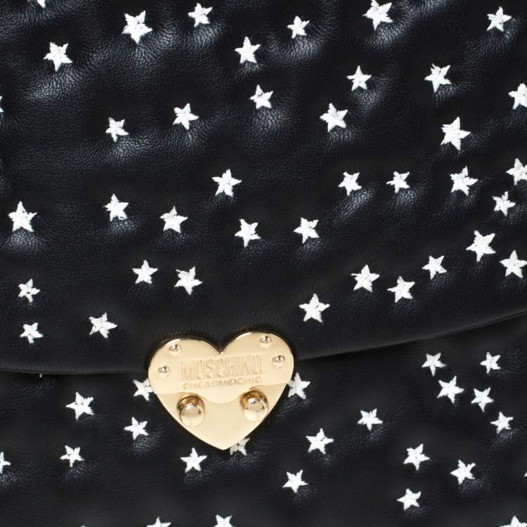 Pre Owned Moschino Black Star Embroidered Leather Flap Heart Lock Chain Bag