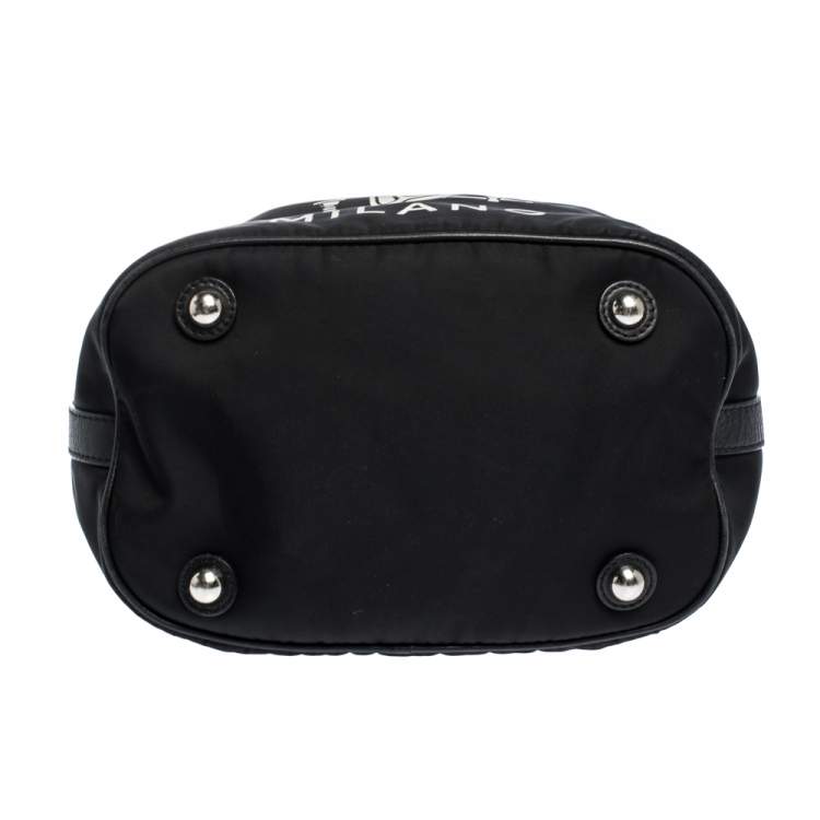 Pre Owned Moschino Black Logo Print Nylon and Leather Bucket Bag