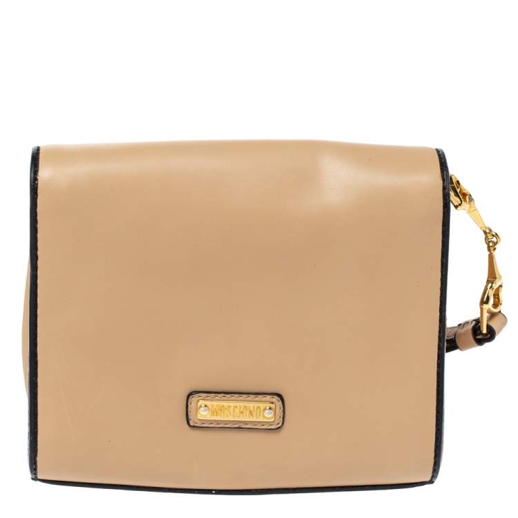 Pre Owned Moschino Beige Leather Flap Wristlet Clutch