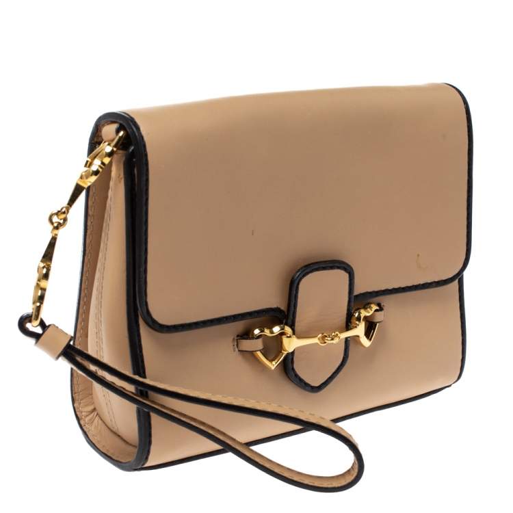 Pre Owned Moschino Beige Leather Flap Wristlet Clutch