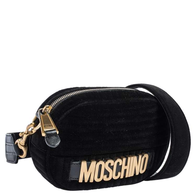 Pre Owned Moschino Black Chevron Velvet and Leather Logo Camera Crossbody Bag