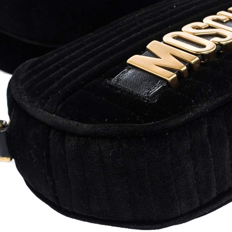 Pre Owned Moschino Black Chevron Velvet and Leather Logo Camera Crossbody Bag
