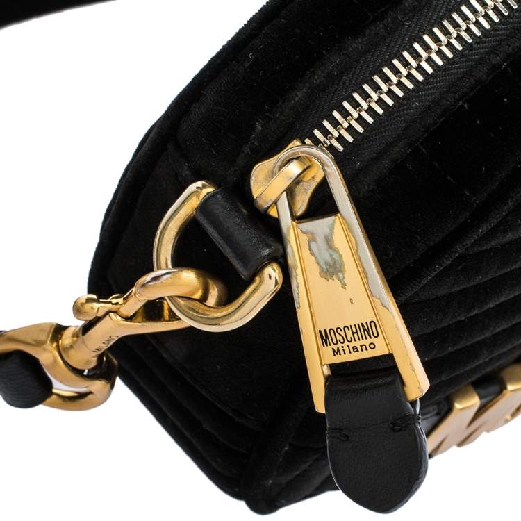 Pre Owned Moschino Black Chevron Velvet and Leather Logo Camera Crossbody Bag