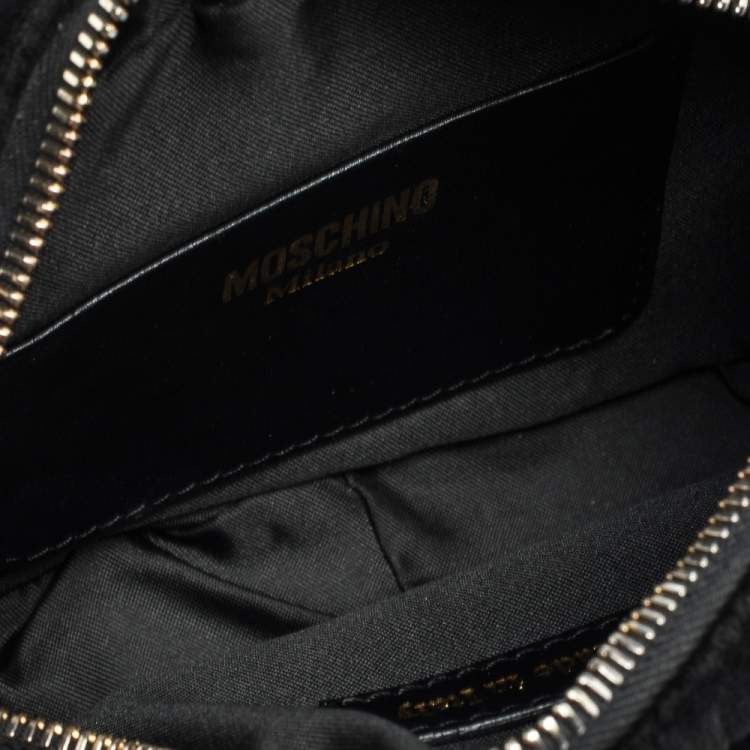 Pre Owned Moschino Black Chevron Velvet and Leather Logo Camera Crossbody Bag
