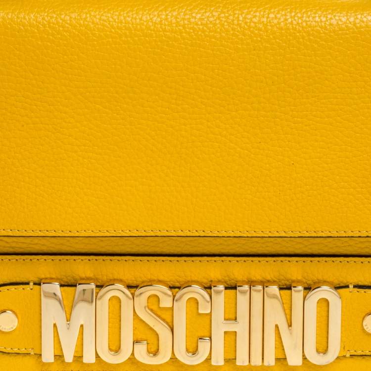 Pre Owned Moschino Mustard/Yellow Grained Leather Logo Flap Shoulder Bag