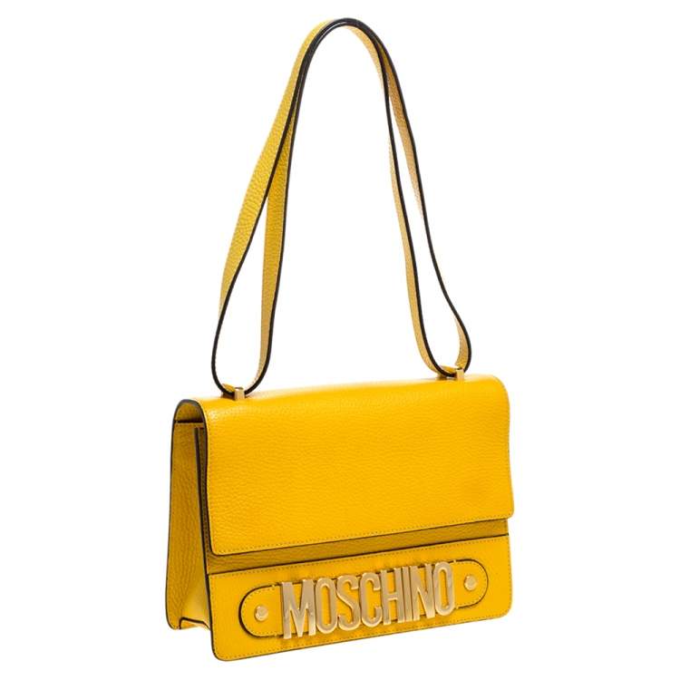 Pre Owned Moschino Mustard/Yellow Grained Leather Logo Flap Shoulder Bag