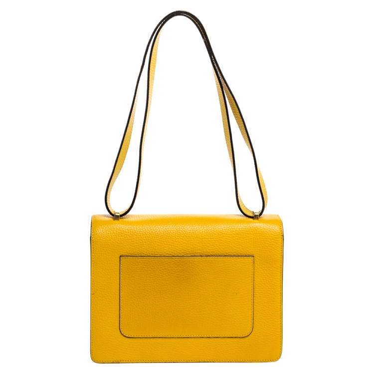 Pre Owned Moschino Mustard/Yellow Grained Leather Logo Flap Shoulder Bag