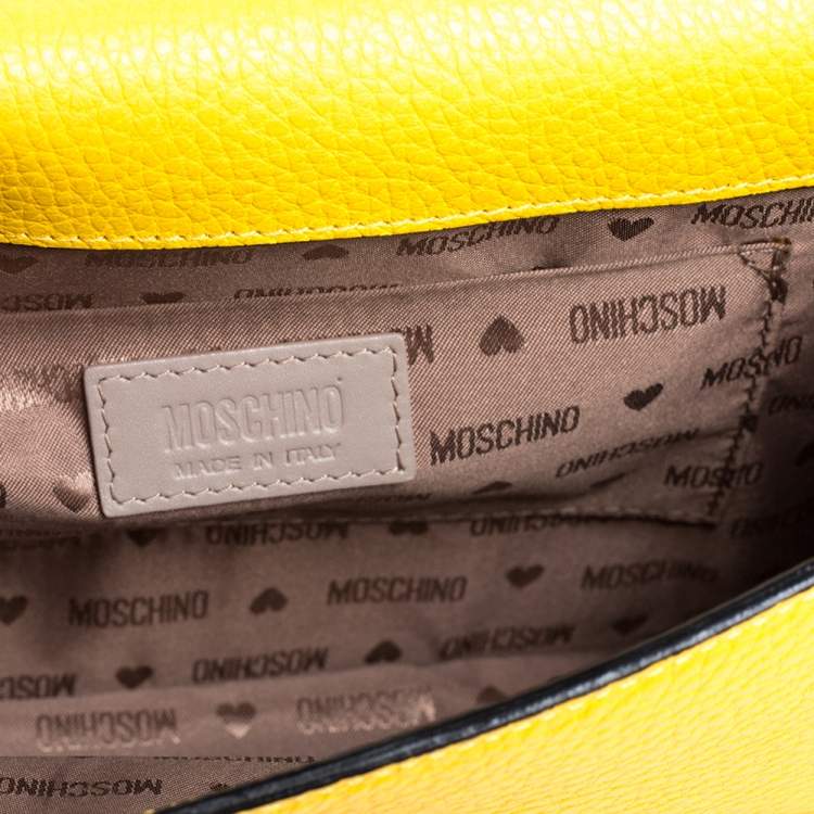 Pre Owned Moschino Mustard/Yellow Grained Leather Logo Flap Shoulder Bag