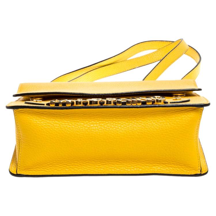 Pre Owned Moschino Mustard/Yellow Grained Leather Logo Flap Shoulder Bag