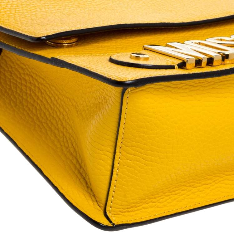 Pre Owned Moschino Mustard/Yellow Grained Leather Logo Flap Shoulder Bag