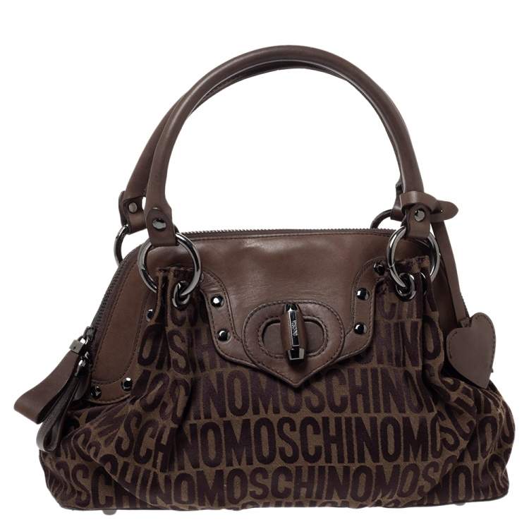 Pre Owned Moschino Dark Brown Signature Canvas and Leather Turnlock Satchel
