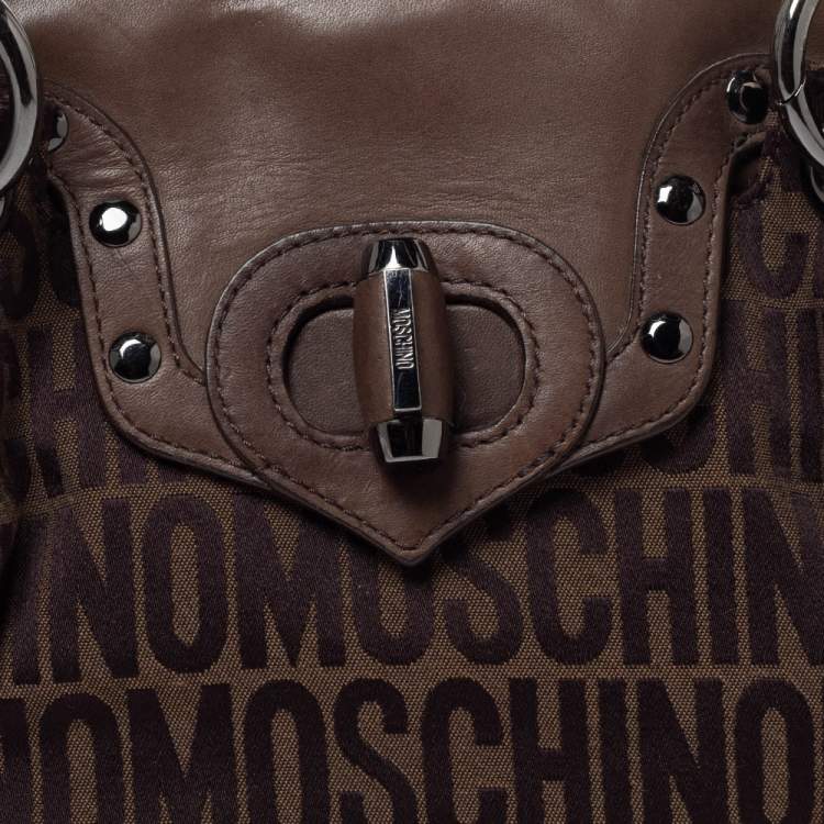 Pre Owned Moschino Dark Brown Signature Canvas and Leather Turnlock Satchel