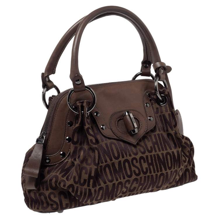 Pre Owned Moschino Dark Brown Signature Canvas and Leather Turnlock Satchel