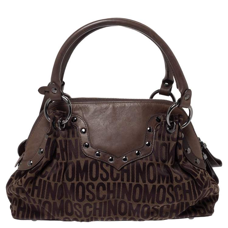 Pre Owned Moschino Dark Brown Signature Canvas and Leather Turnlock Satchel