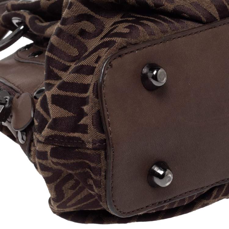 Pre Owned Moschino Dark Brown Signature Canvas and Leather Turnlock Satchel