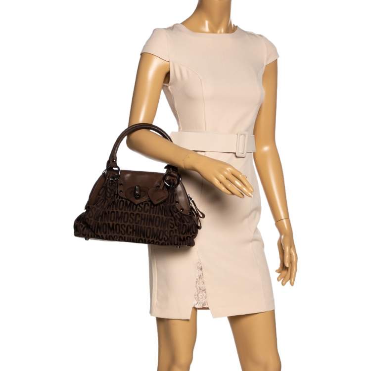 Pre Owned Moschino Dark Brown Signature Canvas and Leather Turnlock Satchel