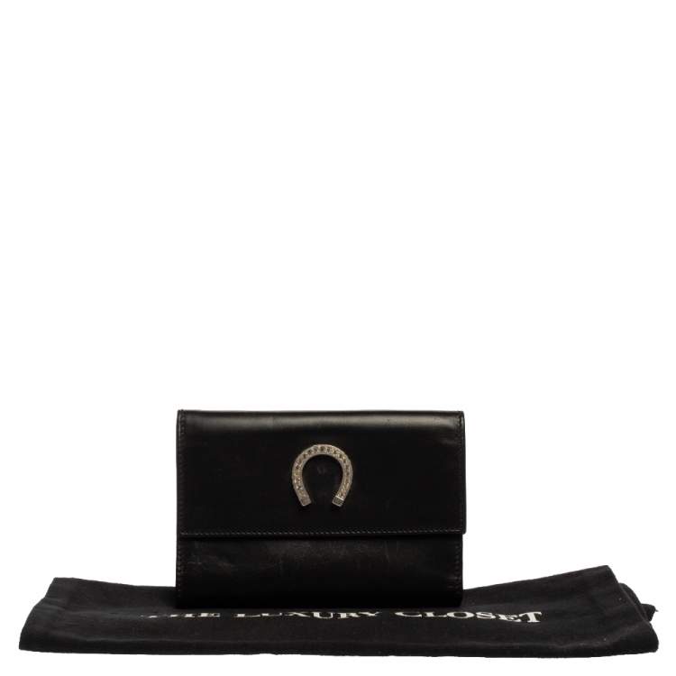 Pre Owned Moschino Black Leather Horseshoe Buckle Crystal Embellished Flap Compact Wallet