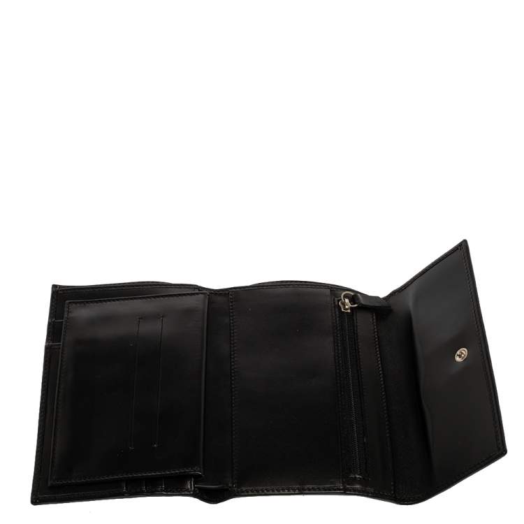 Pre Owned Moschino Black Leather Horseshoe Buckle Crystal Embellished Flap Compact Wallet