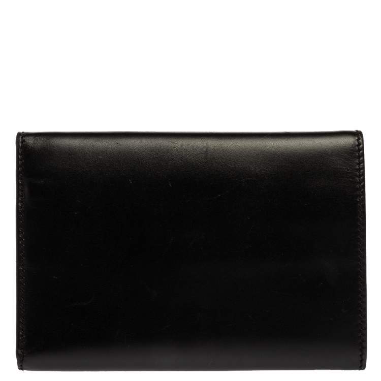 Pre Owned Moschino Black Leather Horseshoe Buckle Crystal Embellished Flap Compact Wallet