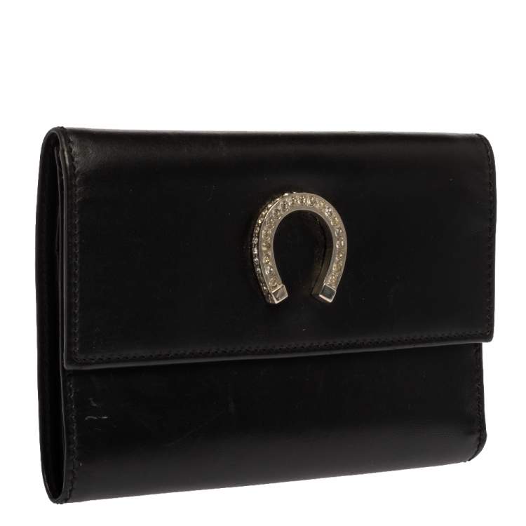 Pre Owned Moschino Black Leather Horseshoe Buckle Crystal Embellished Flap Compact Wallet