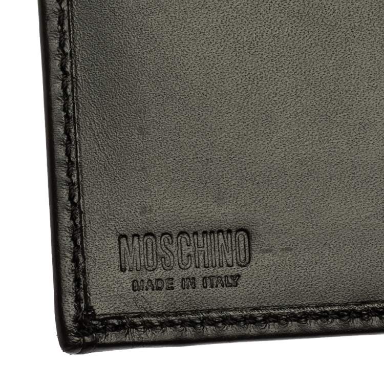 Pre Owned Moschino Black Leather Horseshoe Buckle Crystal Embellished Flap Compact Wallet