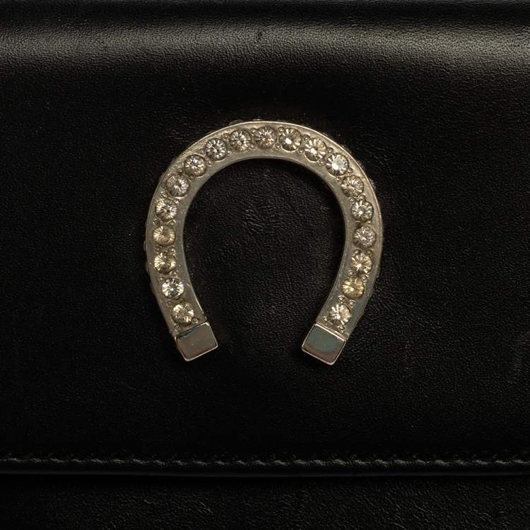 Pre Owned Moschino Black Leather Horseshoe Buckle Crystal Embellished Flap Compact Wallet