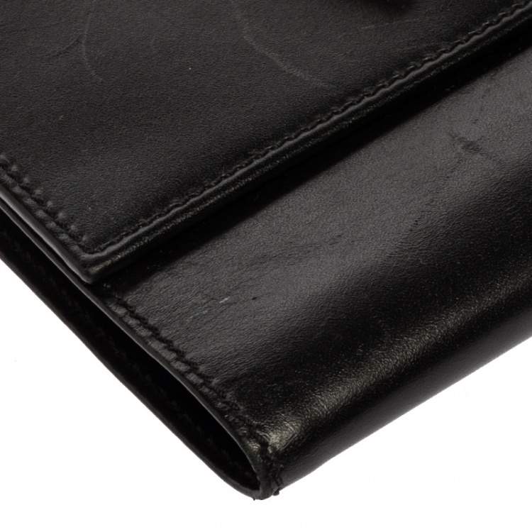 Pre Owned Moschino Black Leather Horseshoe Buckle Crystal Embellished Flap Compact Wallet