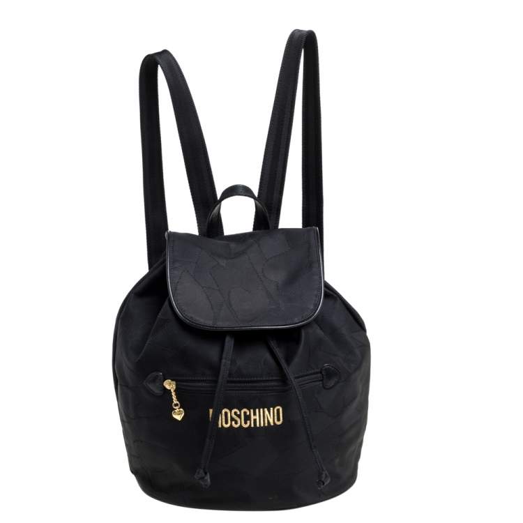 Pre Owned Moschino Black Nylon Logo Flap Backpack