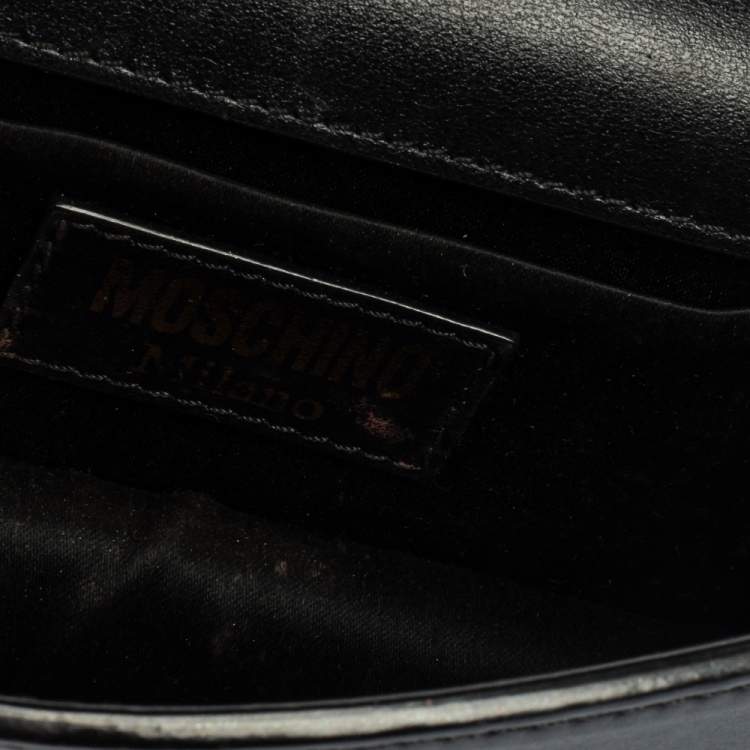 Pre Owned Moschino Black Leather Mini Logo Flap Chain Shoulder Bag 