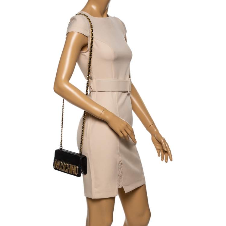 Pre Owned Moschino Black Leather Mini Logo Flap Chain Shoulder Bag 