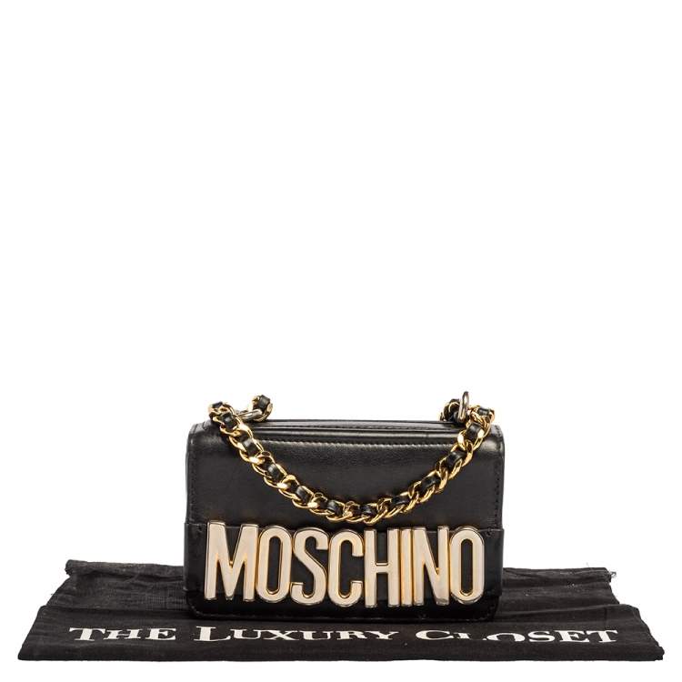 Pre Owned Moschino Black Leather Mini Logo Flap Chain Shoulder Bag 