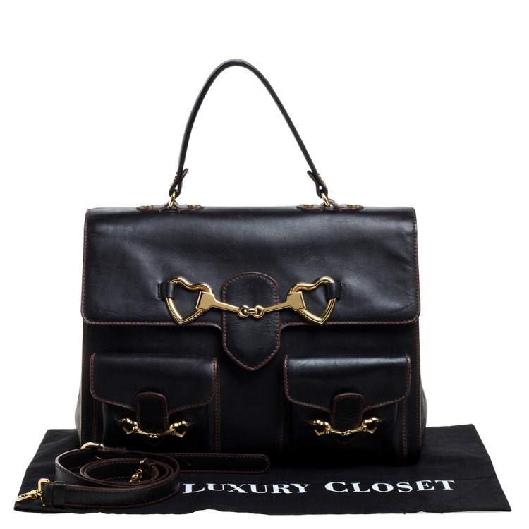 Pre Owned Moschino Black Leather Heart Buckle Double Flap Top Handle Bag