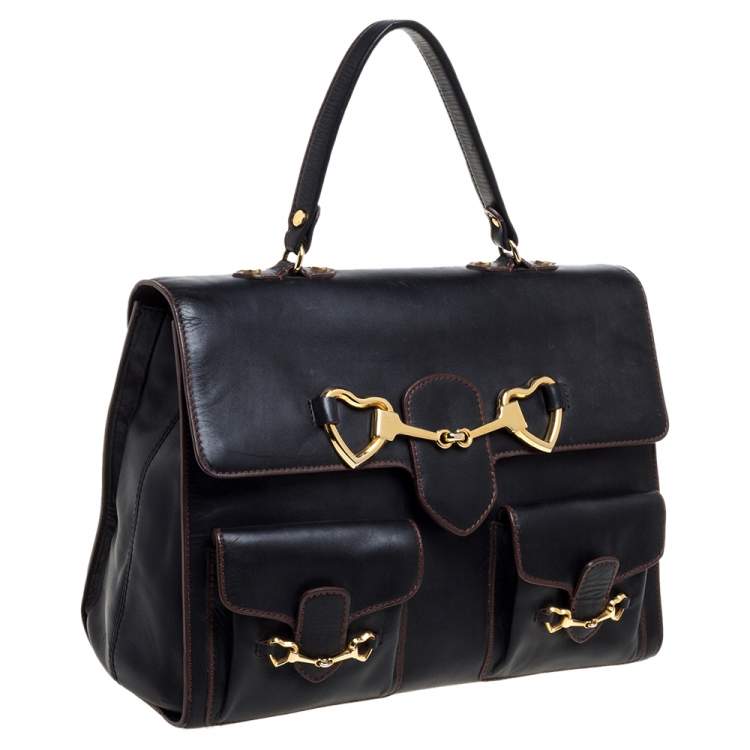Pre Owned Moschino Black Leather Heart Buckle Double Flap Top Handle Bag