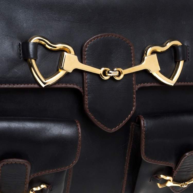 Pre Owned Moschino Black Leather Heart Buckle Double Flap Top Handle Bag